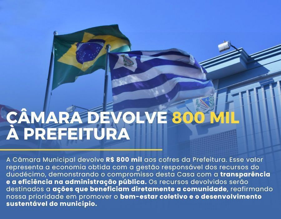 Prefeitura recebe R$ 800 mil de parcela do duodécimo